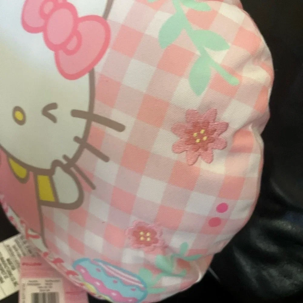 Hello Kitty Pink and White Plaid Cushion Pillow Easter Eggs Embroidered Flowers